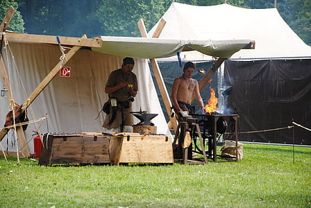 middle ages, market, blacksmith, fire, tent, historically, hand labor