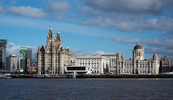 Liverpool, Mersey, Liver building, nådegaver, sjøen, Waterfront, himmelen