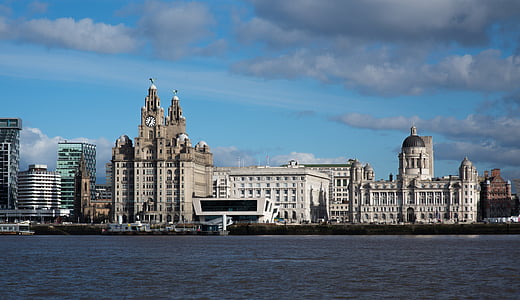 Liverpool, Mersey, edificio de hígado, Gracias, mar, frente al mar, cielo
