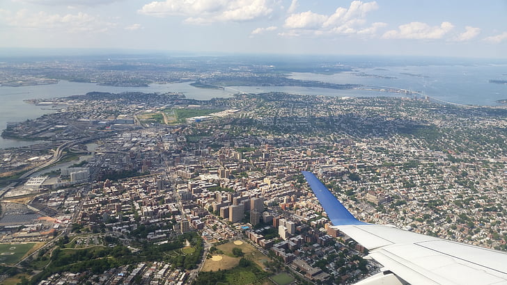 cityscape, america, urban, plane wing, plane view