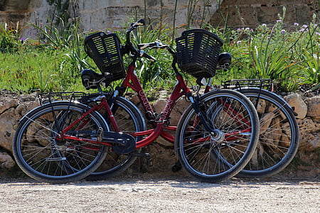motos, empurrar as bicicletas, dois, bicicleta, ciclo de, transporte, roda