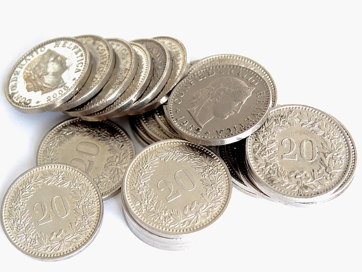 Srebro, monety, wiele, biały, stół, pieniądze, monety