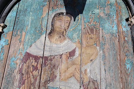 Madonna amb nen, Mare de Déu, nen Jesús, pintura, art popular, fusta - material, vell