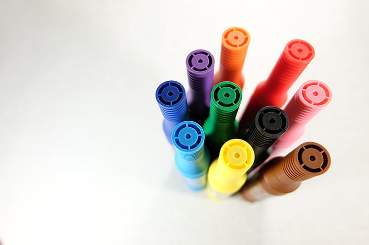 krāsu pildspalvas, krāsa, krāsains, pildspalva, biroja, krāsa, dzeltena