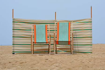 Playa, mar, asientos, cielo azul, vacaciones, lado de la playa, arena