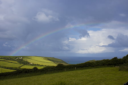 rainbow, sea, view, summer, coast, nature, pasture