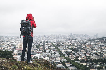 buildings, city, cityscape, hiker, person, photographer, adults only