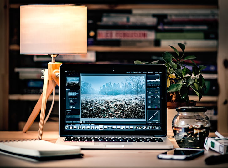 Adobe photoshop, ябълка, бюро, работен плот, лаптоп, MacBook, макет