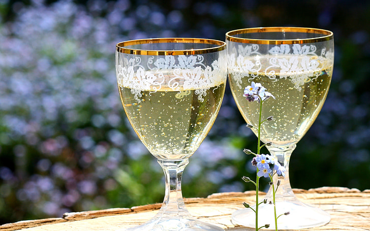 Champagne, lunettes, buter, printemps, fleurs, célébrer, mariage