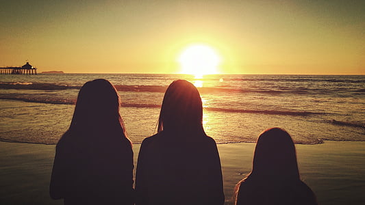 meitenes, bērniem, silueti, saulriets, Golden sunset, debesis, pludmale
