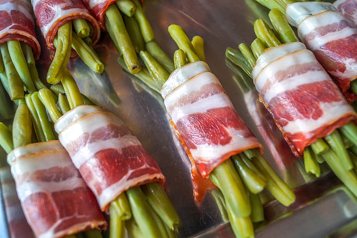 beans wrapped in bacon, food, eat, vegetables, nutrition, cook