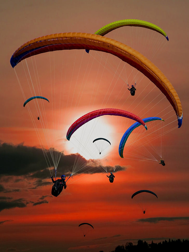 adventure, dawn, dusk, extreme sport, flying, parachutes, paragliders
