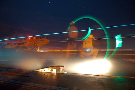 aircraft carrier, ship, plane, jet fighter, night, evening, long exposure