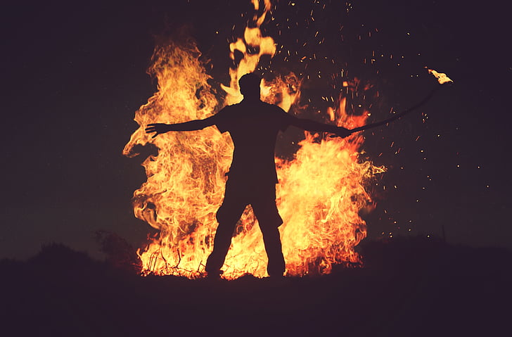 silhouette, man, standing, next, bonfire, night, fire