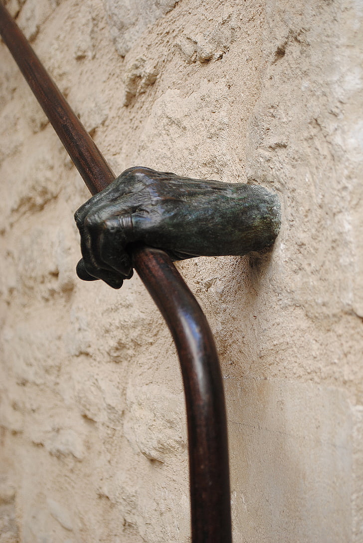 hand, keep, treppengeländer, handrail, bronze, art