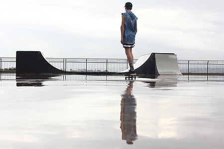 man, outdoors, reflection, skateboard, skatepark, sport, wet