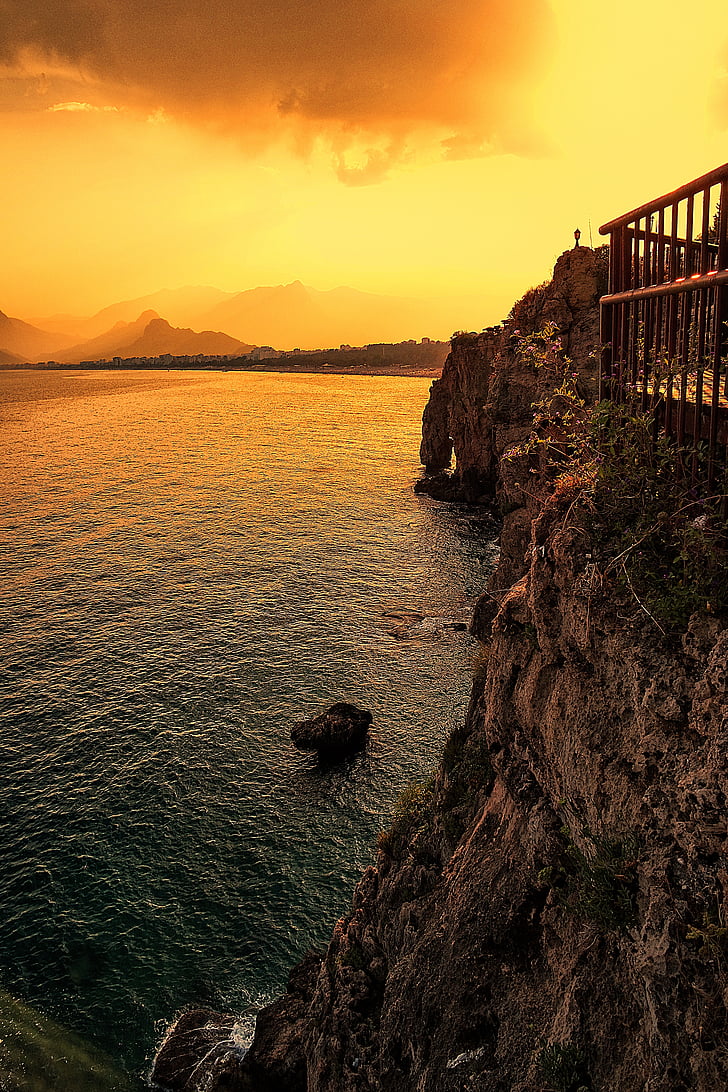 Antalya, klints, jūras, vakarā, saulriets, tūrisms, brīvdiena