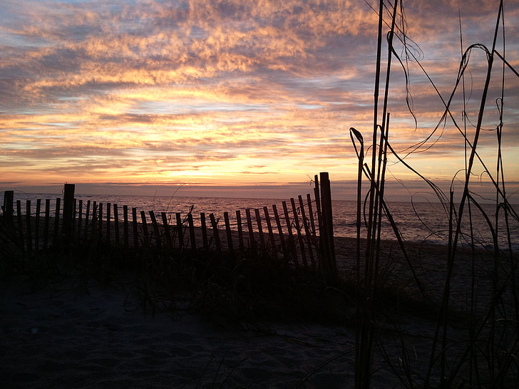 solnedgång, stranden, staket, natt, romantiska, fredliga, skönhet