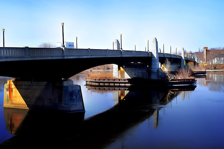 Bridge, floden, vatten, staden, reflektion, transport