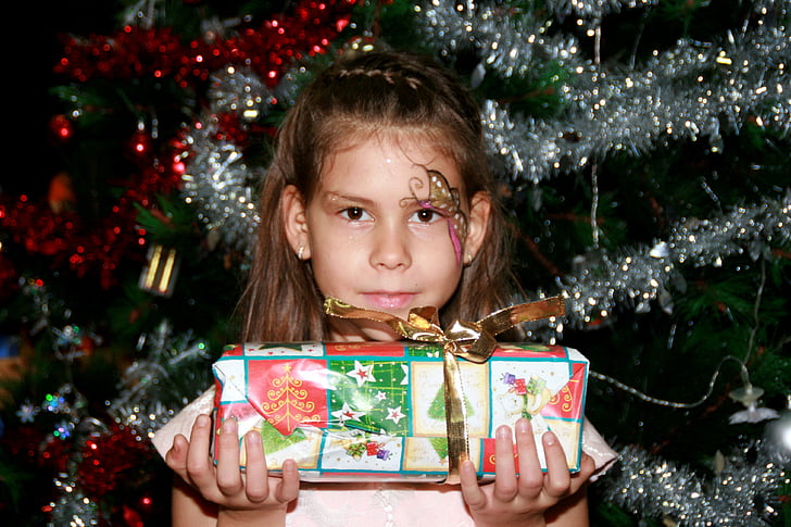 girl, gift, christmas tree, holidays
