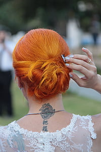 新娘, 婚纱礼服, 妇女, 婚礼, 红色, 红头发, 扣