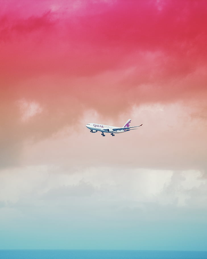 airplane, midair, body, water, pink, clouds, daytime