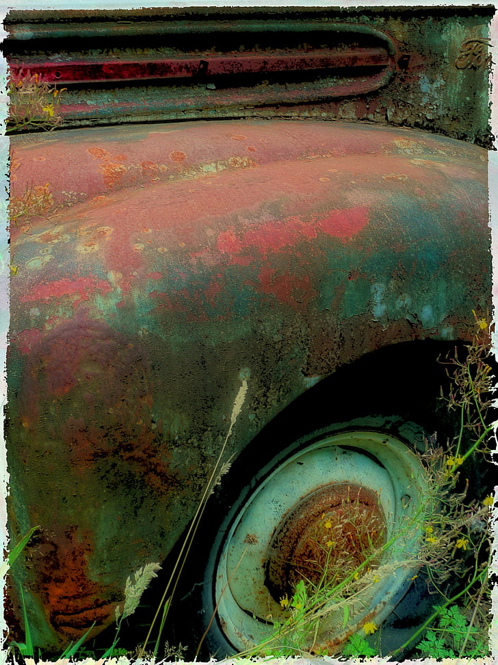 rusty, old, truck, tire, splash board, car wing, mudguard