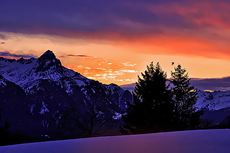 paisagem, montanhas, nascer do sol, iluminação, manhã, Inverno, neve