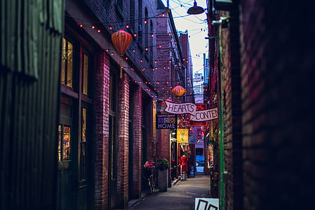 alley, brick walls, buildings, decoration, lights, street