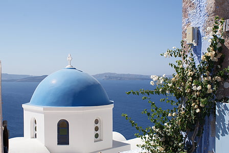 Grekland, Santorini, kyrkan, ön, blå, Oia