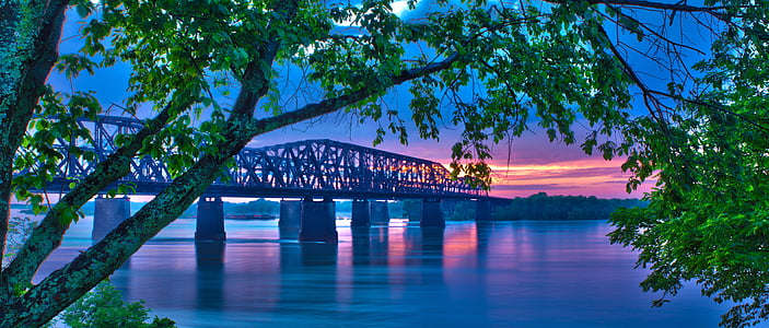 landschap, brug, avond, Mississippi, zonsondergang, reizen, stad