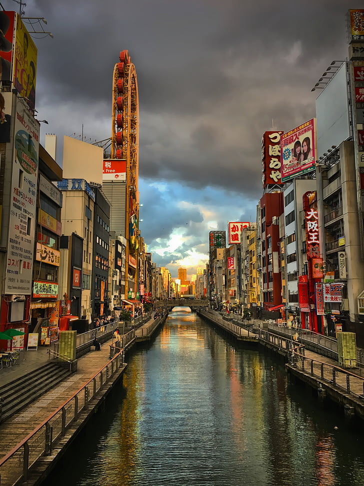 Japani, Osaka, River, rakennus, Cloud - sky, heijastus, arkkitehtuuri