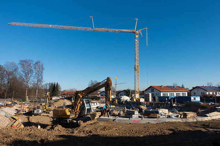 construction, site, sky, baukran, crane, house construction, excavators