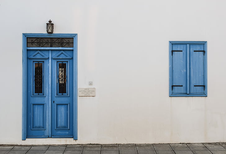 ovi, ikkuna, puinen, sininen, sisäänkäynti, valkoinen, Wall