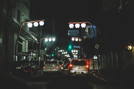 edificios, coches, ciudad, luces, noche, calle, tráfico