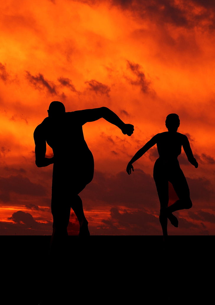 silhouette, man, woman, orange, sky, Runners, Male
