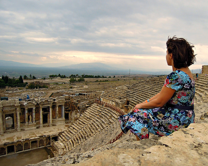 woman, sitting, amphitheater, views, girl, view, posture