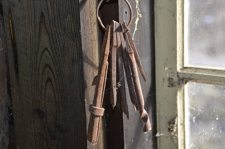 klíče, staré, okno, dřevo - materiál