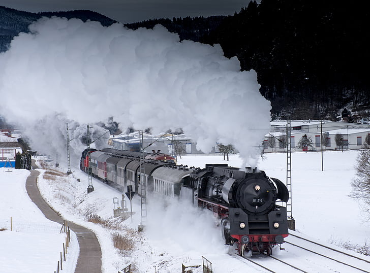 đầu máy xe lửa hơi nước, schwarzwaldbahn, tuyết, hơi nước, mùa đông, xe cộ, giao thông vận tải