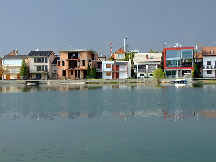 waterfront, homes, houses, lake, architecture, skyline, city