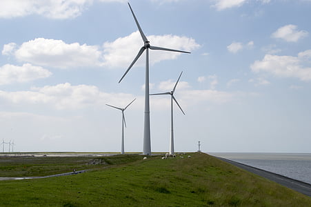 Zeedijk, moinhos de vento, dique, Costa, ar, nuvens, mar