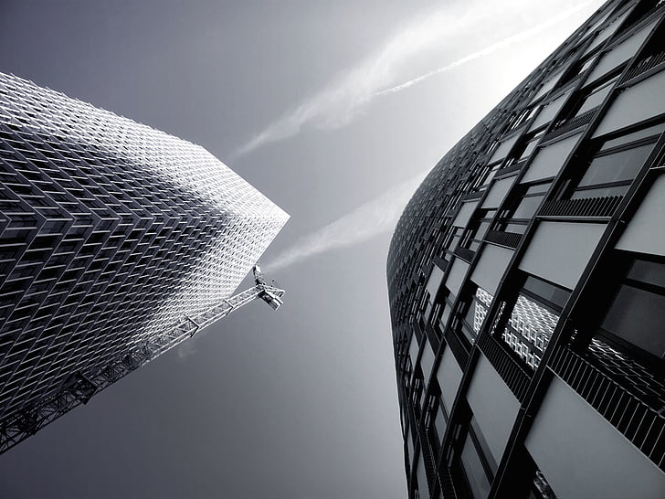 Architektura, budynki, futurystyczny, szkło, niski kąt strzału, nowoczesne, Biuro