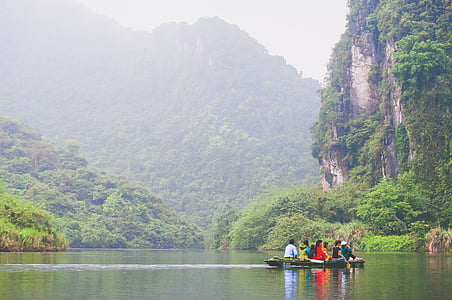 people, riding, wooden, row, boat, surrounded, mountains