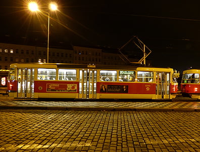 tram, the vehicle, rails, transport, communication, travel, night