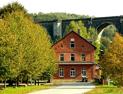 rumah, Jembatan pelengkung batu, pemandangan, Hetzdorf, flöhatal, Saxony, arsitektur