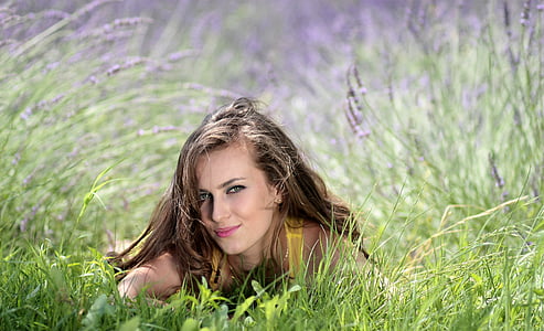 girl, lavender, flowers, mov, beauty, nature, grass