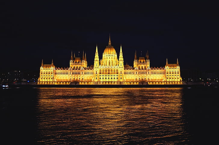 iluminado, bóveda, al lado de, calma, cuerpo, agua, Budapest, Parlamento