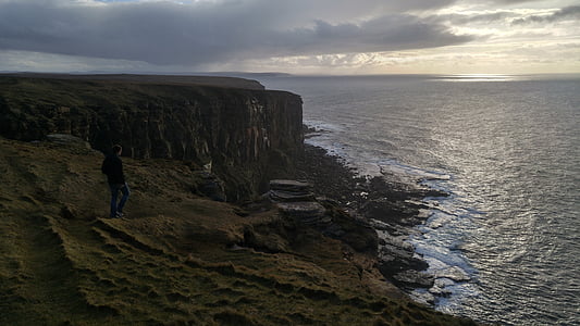 崖, スコットランド, 海, 石, 楽しみにして, サンセット