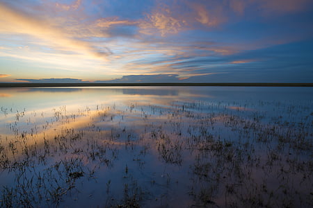 water surface, at dusk, reflection, salt lake, horizon, dollars non plains, mongolia