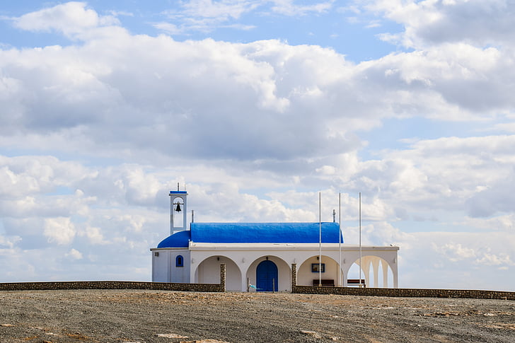 Crkva, plava, bijeli, mediteranska, arhitektura, nebo, oblaci
